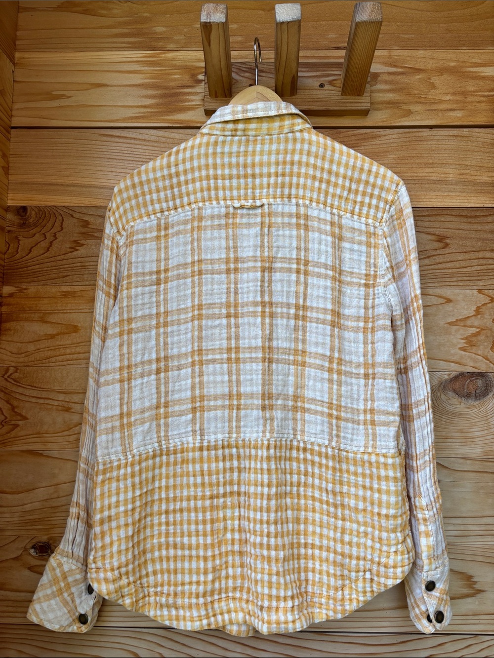 Free People Lyndsy Buttondown Shirt Plaid Mixed Gingham Cotton Yellow Medium - Picture 4 of 7